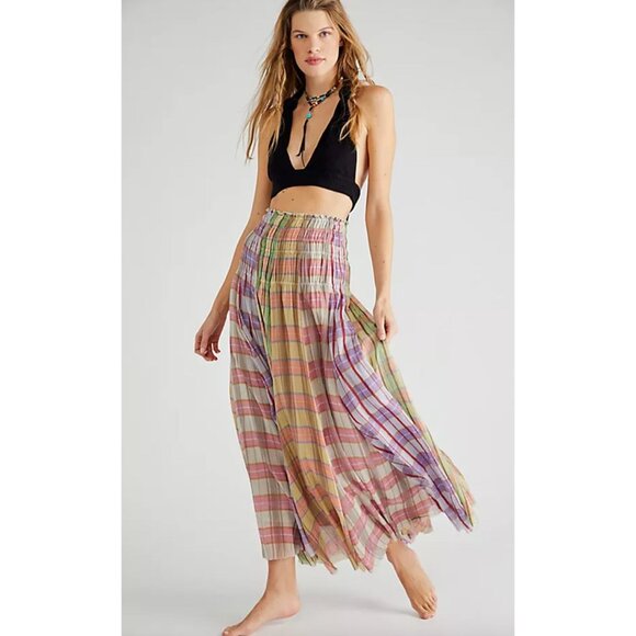 Free People Lausanne Convertible Maxi Skirt Dress Size Medium Pastel Plaids - Picture 1 of 5